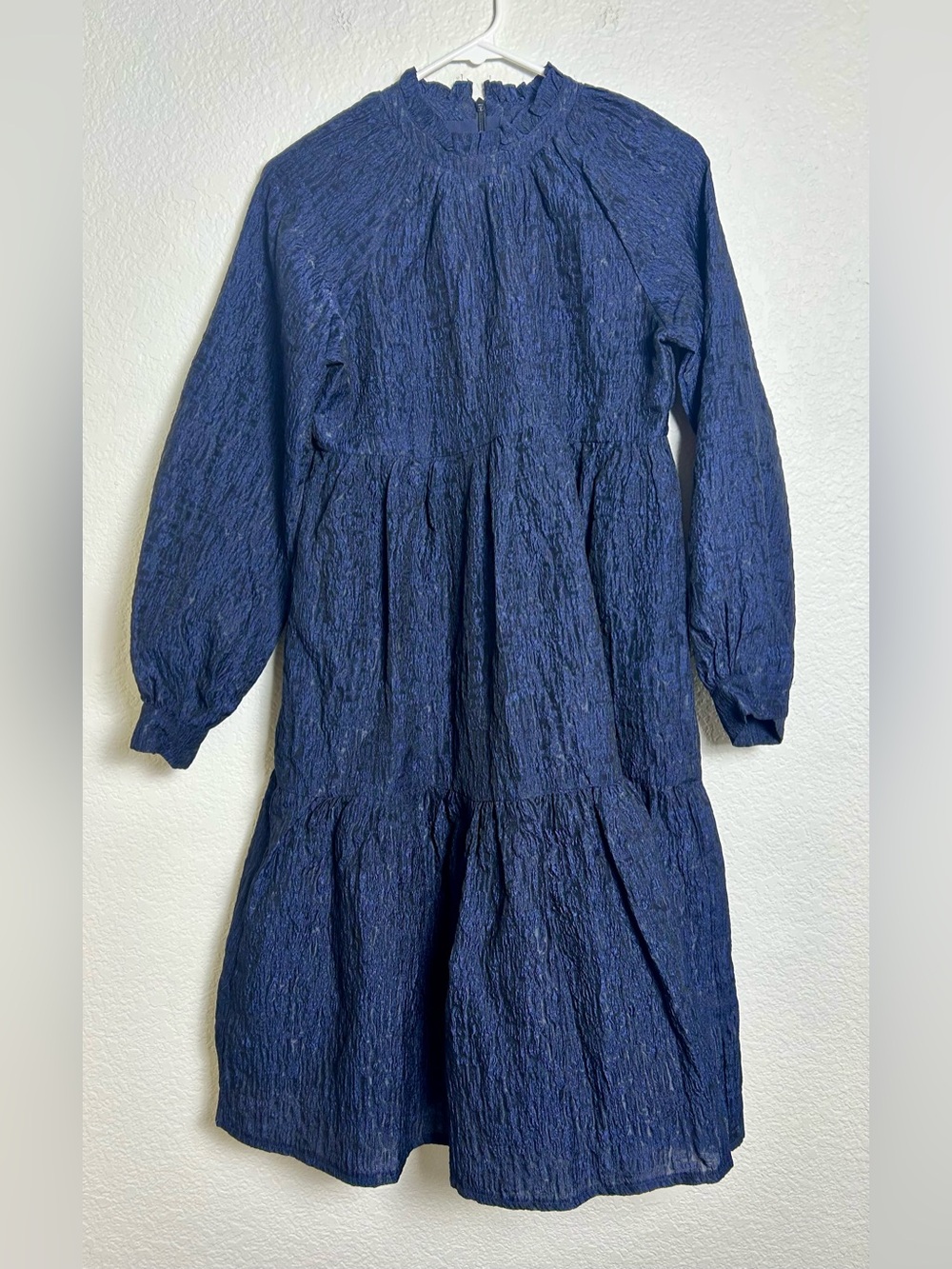 PORTER Textured Cotton Tiered Midi Dress Navy Blue Ruffle Neck, Best for Medium